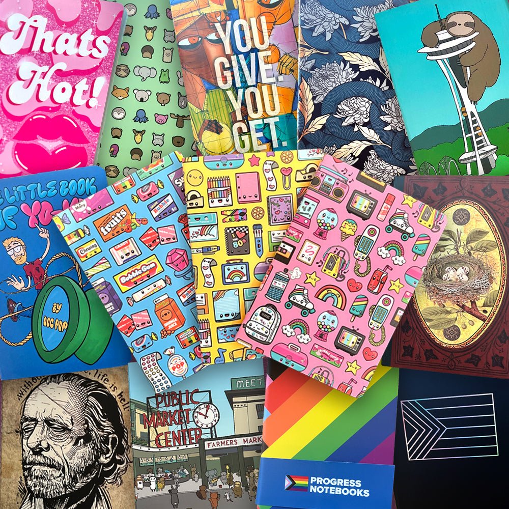 Custom softcover pocket notebooks and sticker books with colorful illustrated cover designs