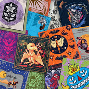 Collection of custom printed cotton bandanas with colorful full-color designs and illustrations