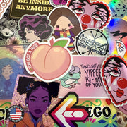 Assortment of USA-made custom die-cut vinyl stickers in various colorful designs including holographic, glitter and matte finishes